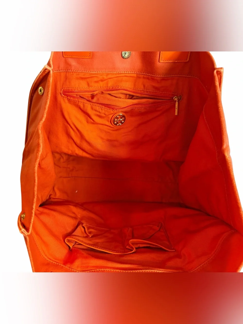 Tory Burch Orange Canvas Tote Patent Leather Trim Embossed Logo Bag